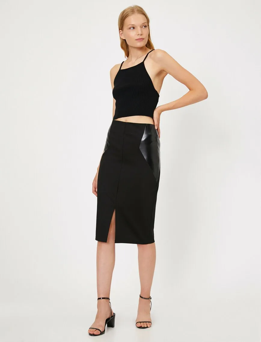 12095 Black Leather Detailed Midi Skirt