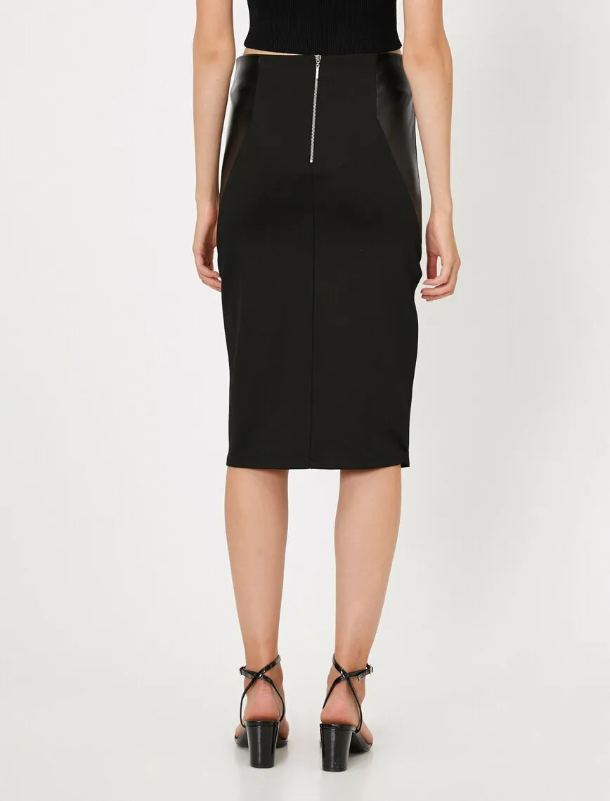 12095 Black Leather Detailed Midi Skirt