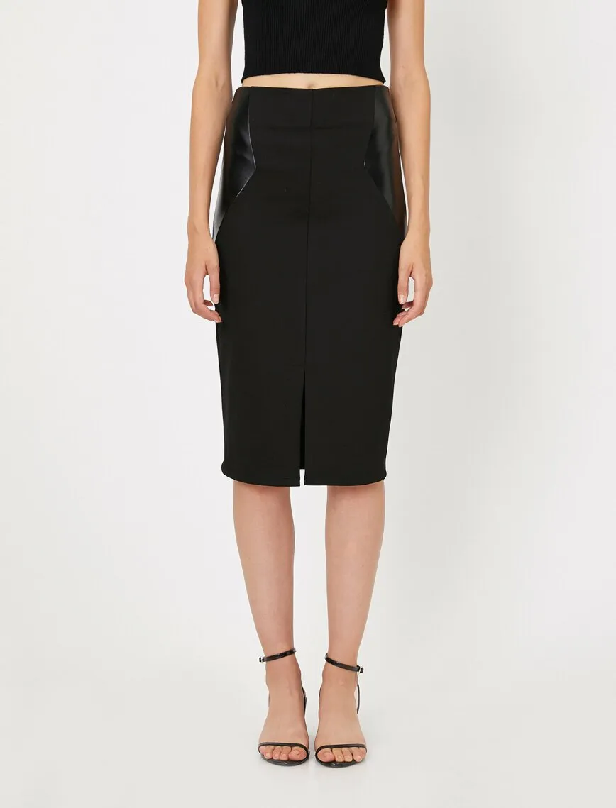 12095 Black Leather Detailed Midi Skirt