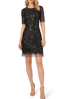 Adrianna Papell crew neck sequin sheath short sleeves dress