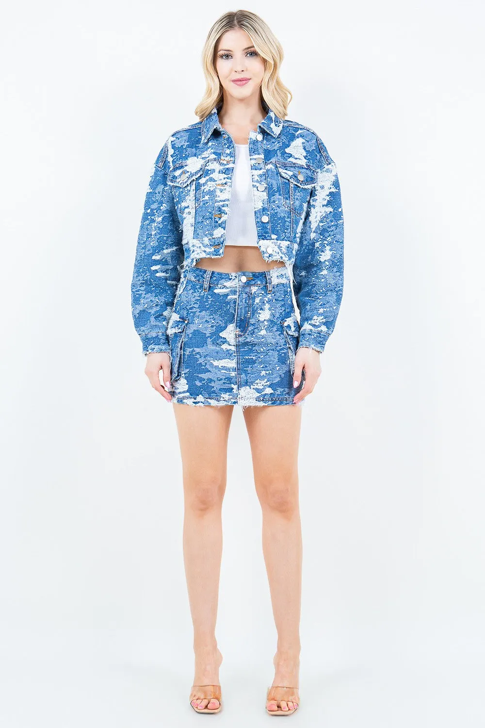 American Bazi Jacquard Trim Cropped Distressed Denim Jacket