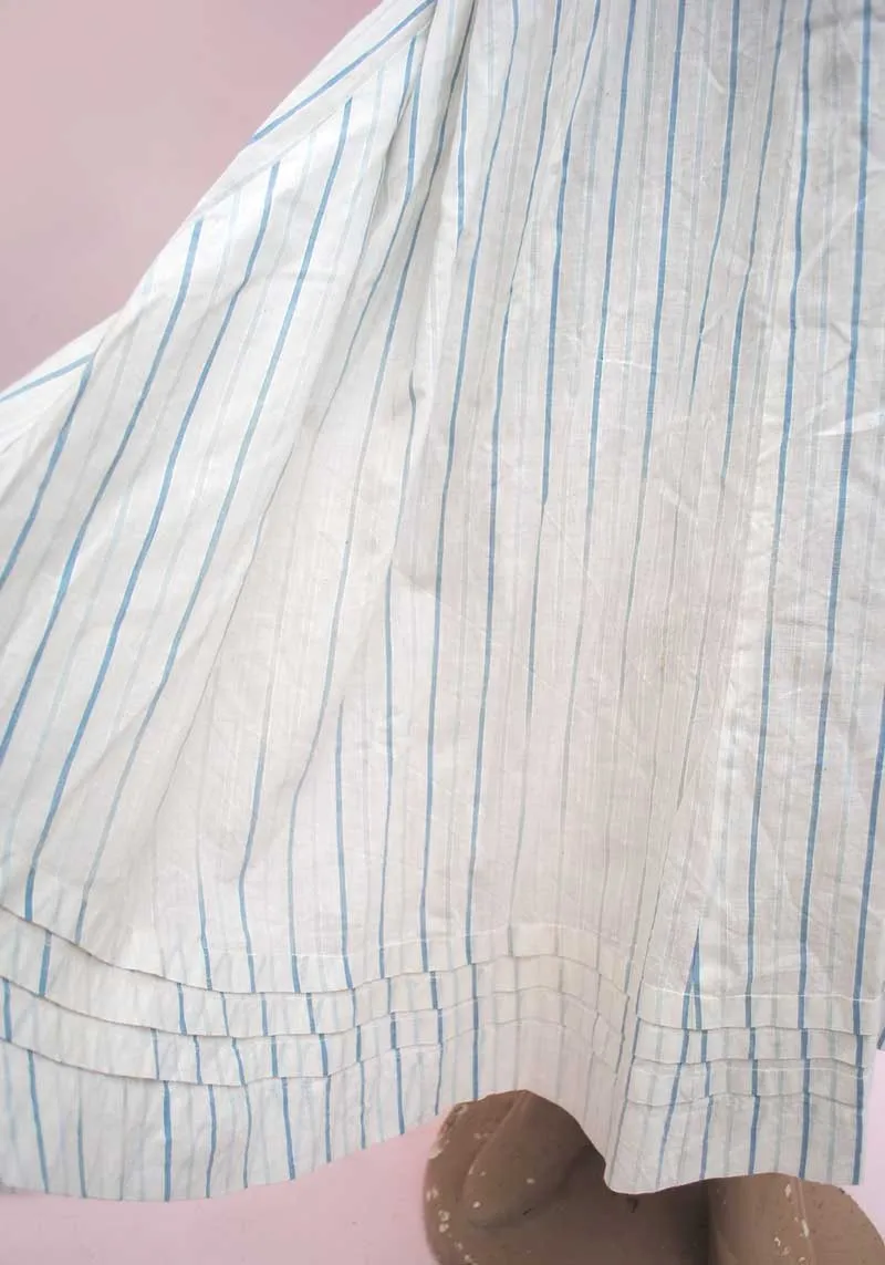 Antique Edwardian White and Blue Striped Cotton Skirt • Lace Trim Ruffles