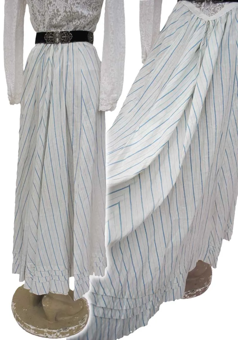 Antique Edwardian White and Blue Striped Cotton Skirt • Lace Trim Ruffles