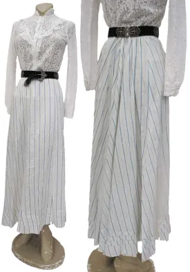 Antique Edwardian White and Blue Striped Cotton Skirt • Lace Trim Ruffles