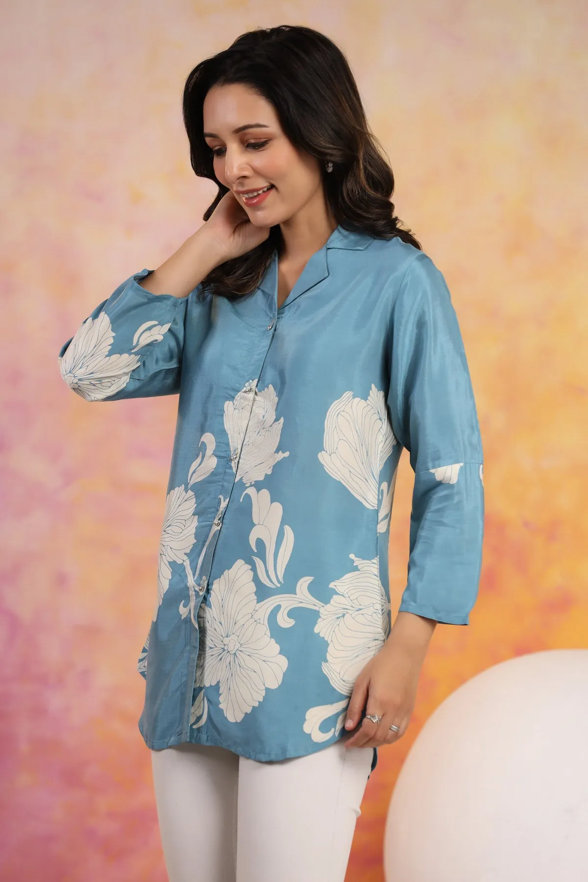 Aqua Floral Print Serenity Muslin Silk Shirt