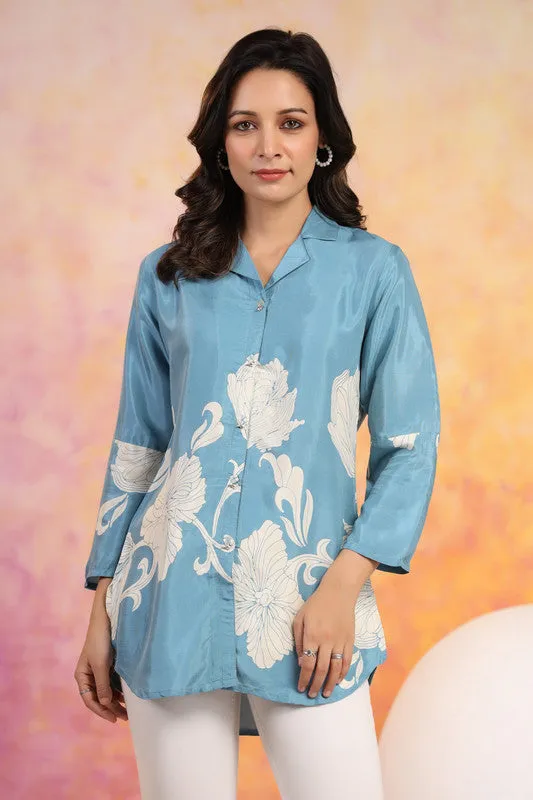 Aqua Floral Print Serenity Muslin Silk Shirt