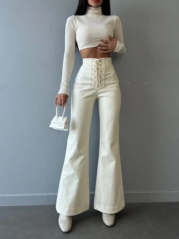 Bandage Solid Color Flared Pants Trousers Pants