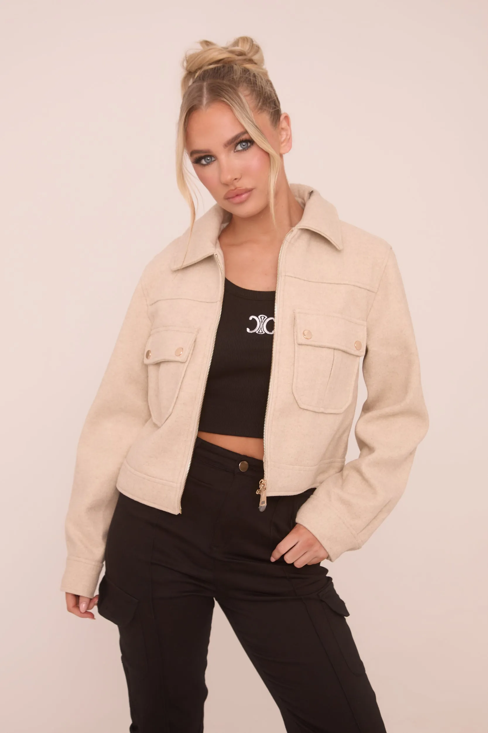 Beige Zip Front Cropped Jacket - Carol