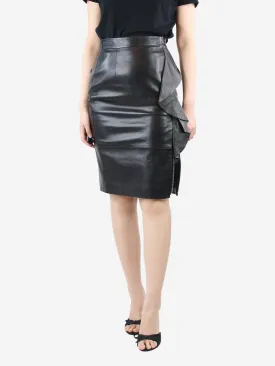 Black leather ruffled midi skirt - size UK 10