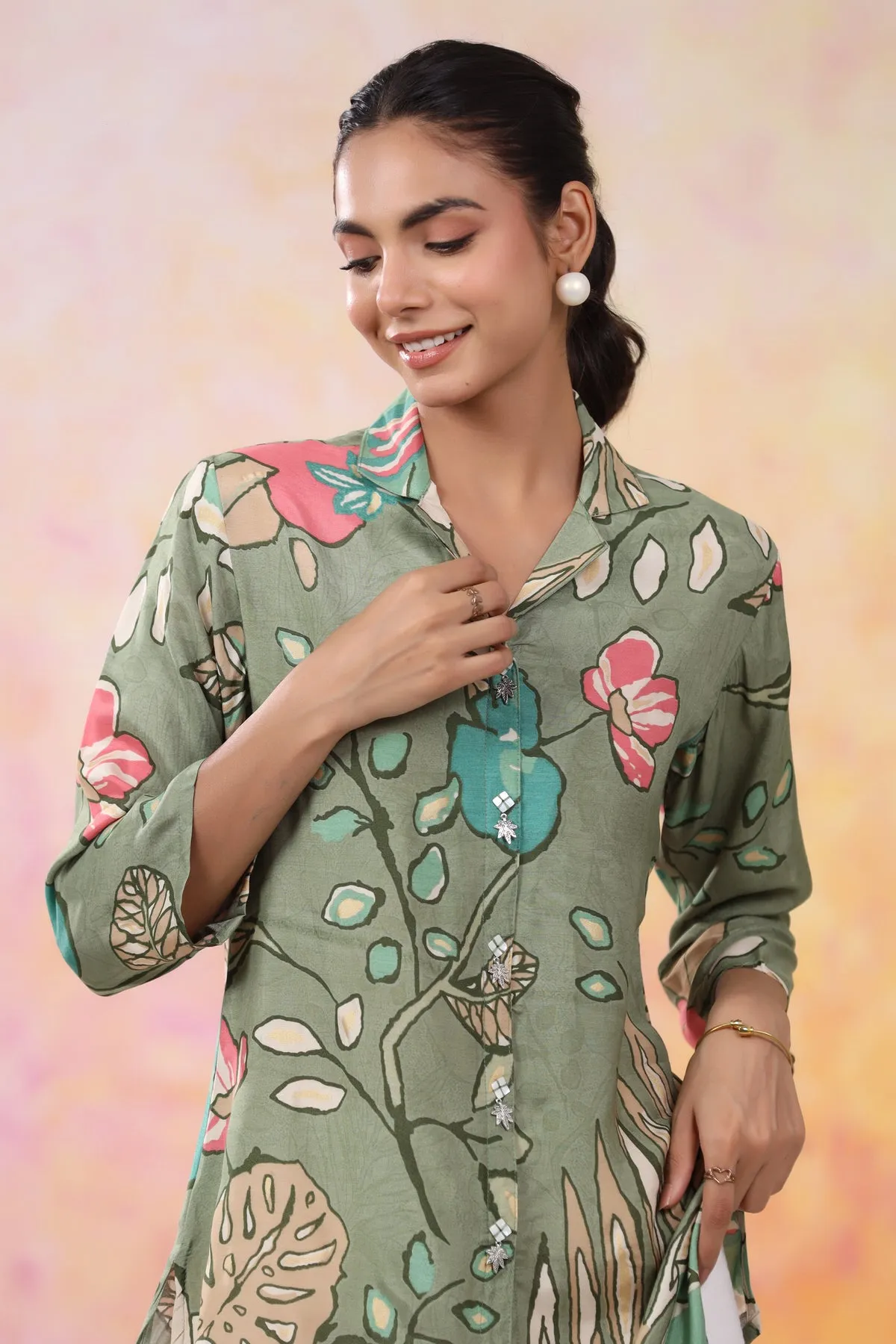 Bohemian Blossom Print Green Muslin Silk Shirt