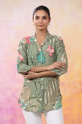 Bohemian Blossom Print Green Muslin Silk Shirt