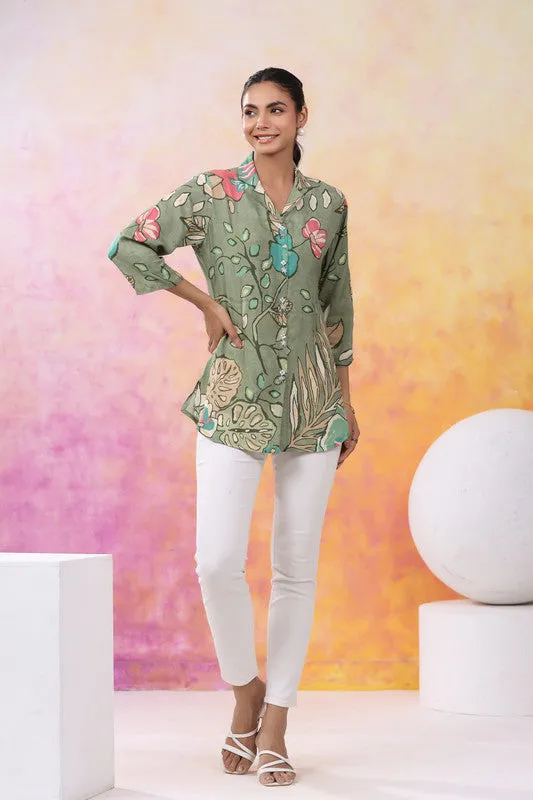 Bohemian Blossom Print Green Muslin Silk Shirt