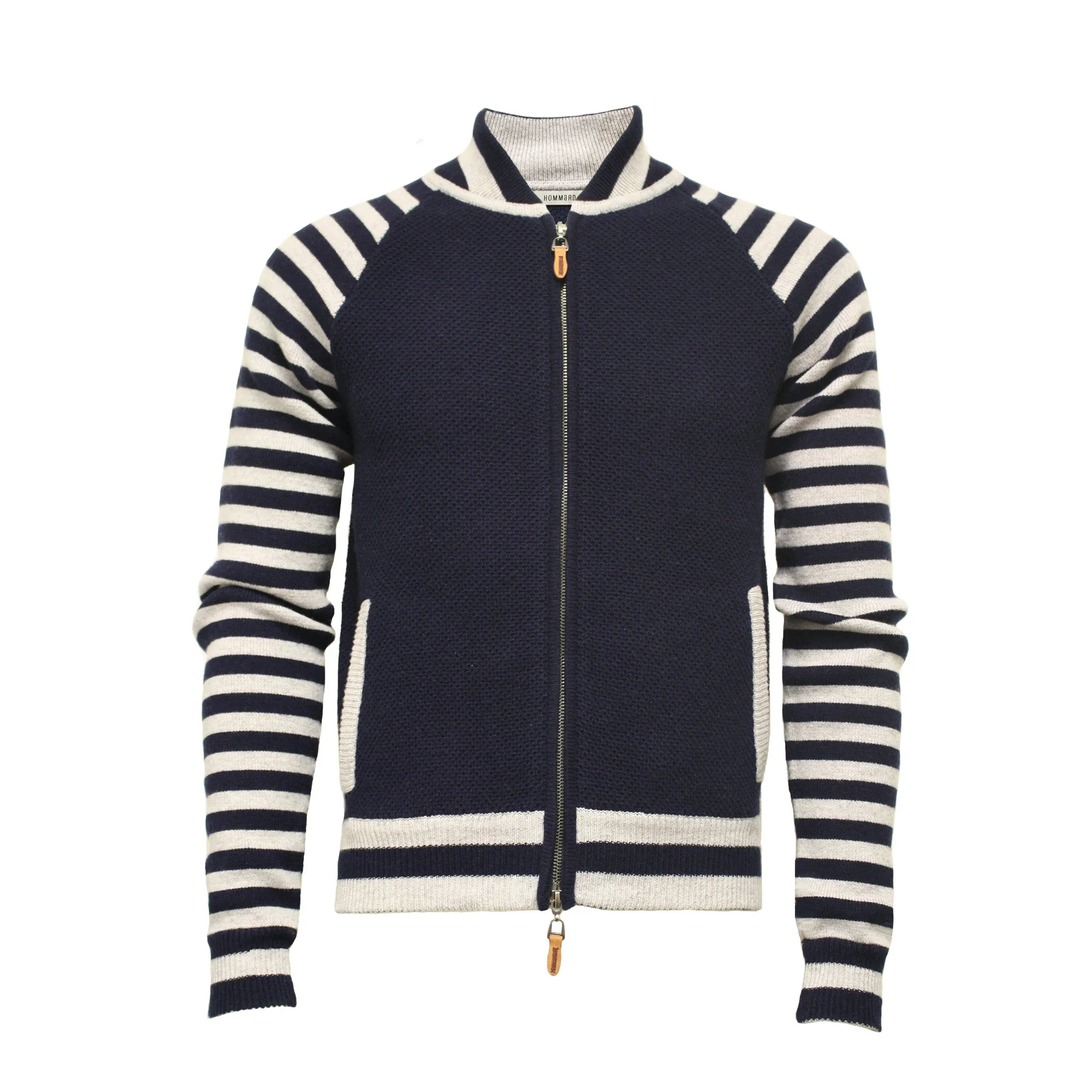 Cashmere Bomber Jacket in Seed Stitch, Striped Sleeves Bel Air