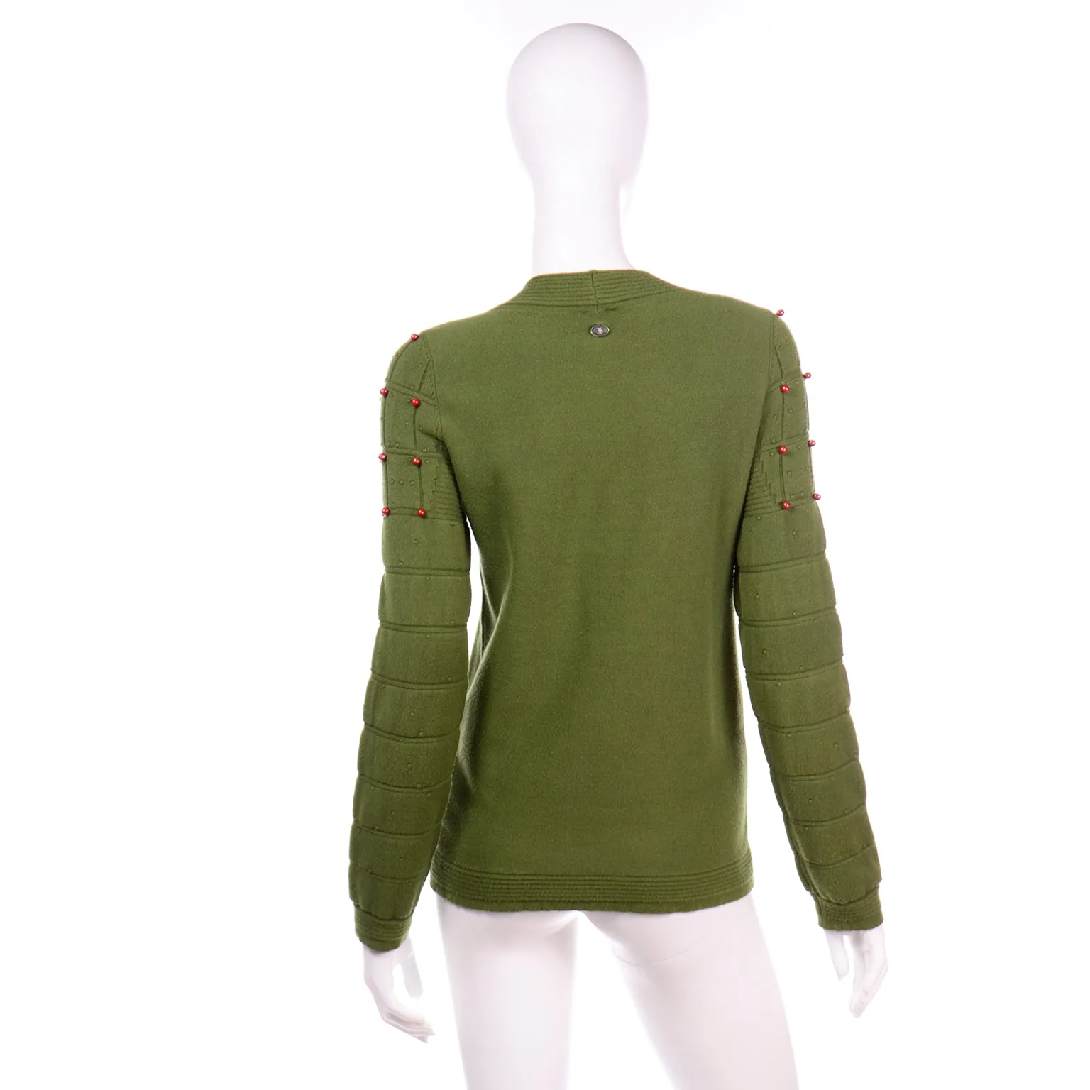 Chanel Green Beaded Cashmere Blend Crew Neck Pullover Sweater