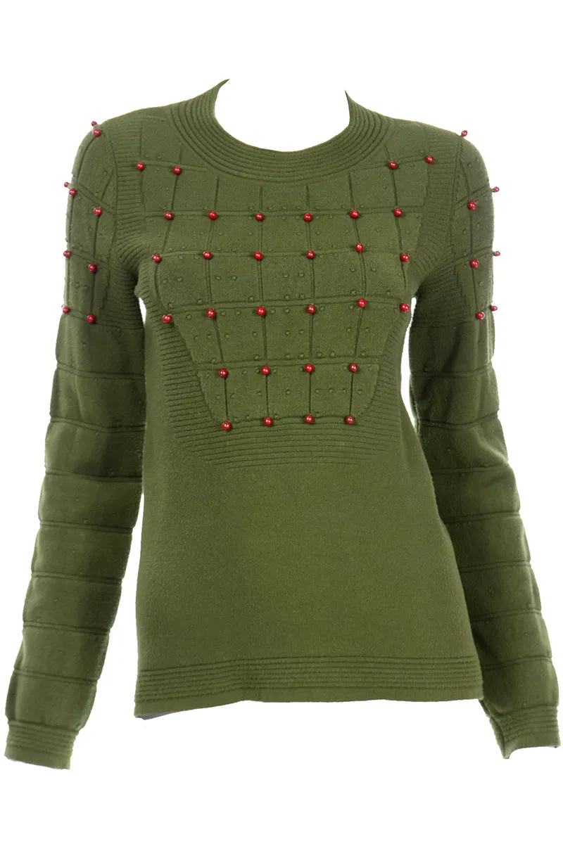 Chanel Green Beaded Cashmere Blend Crew Neck Pullover Sweater