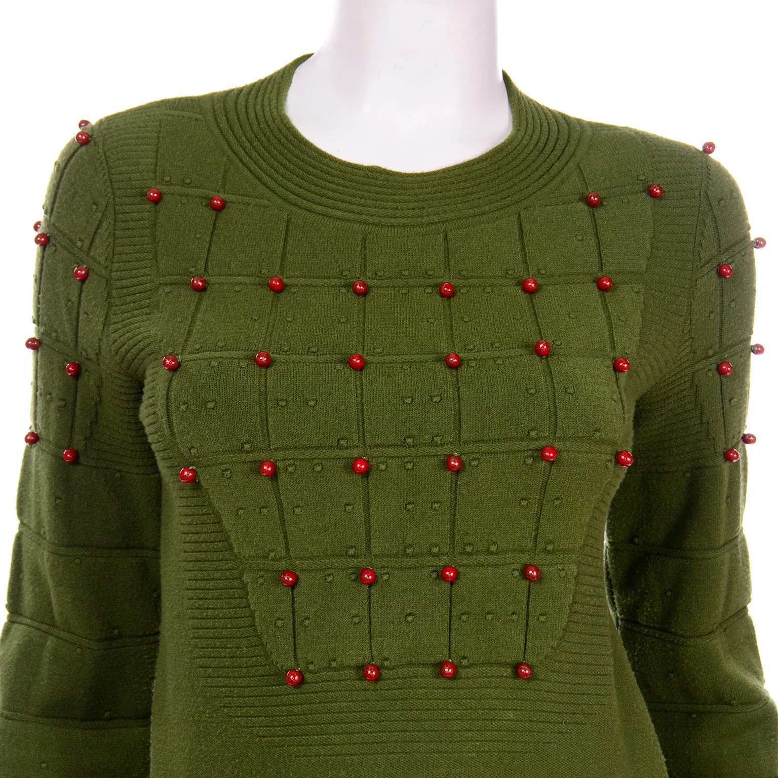 Chanel Green Beaded Cashmere Blend Crew Neck Pullover Sweater