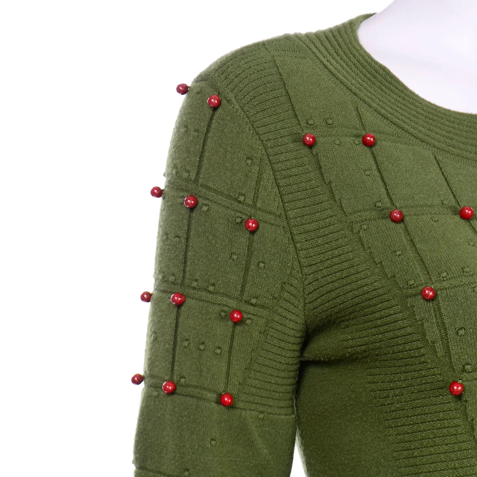 Chanel Green Beaded Cashmere Blend Crew Neck Pullover Sweater