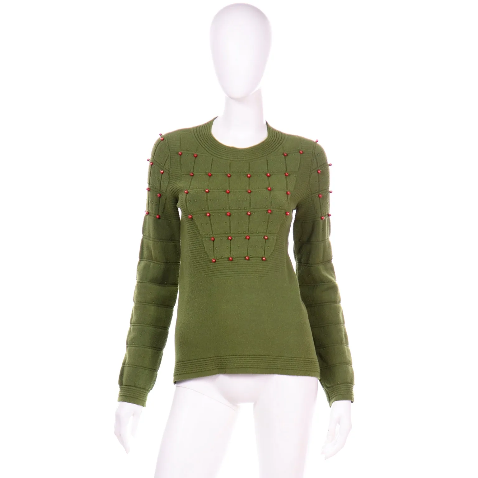 Chanel Green Beaded Cashmere Blend Crew Neck Pullover Sweater