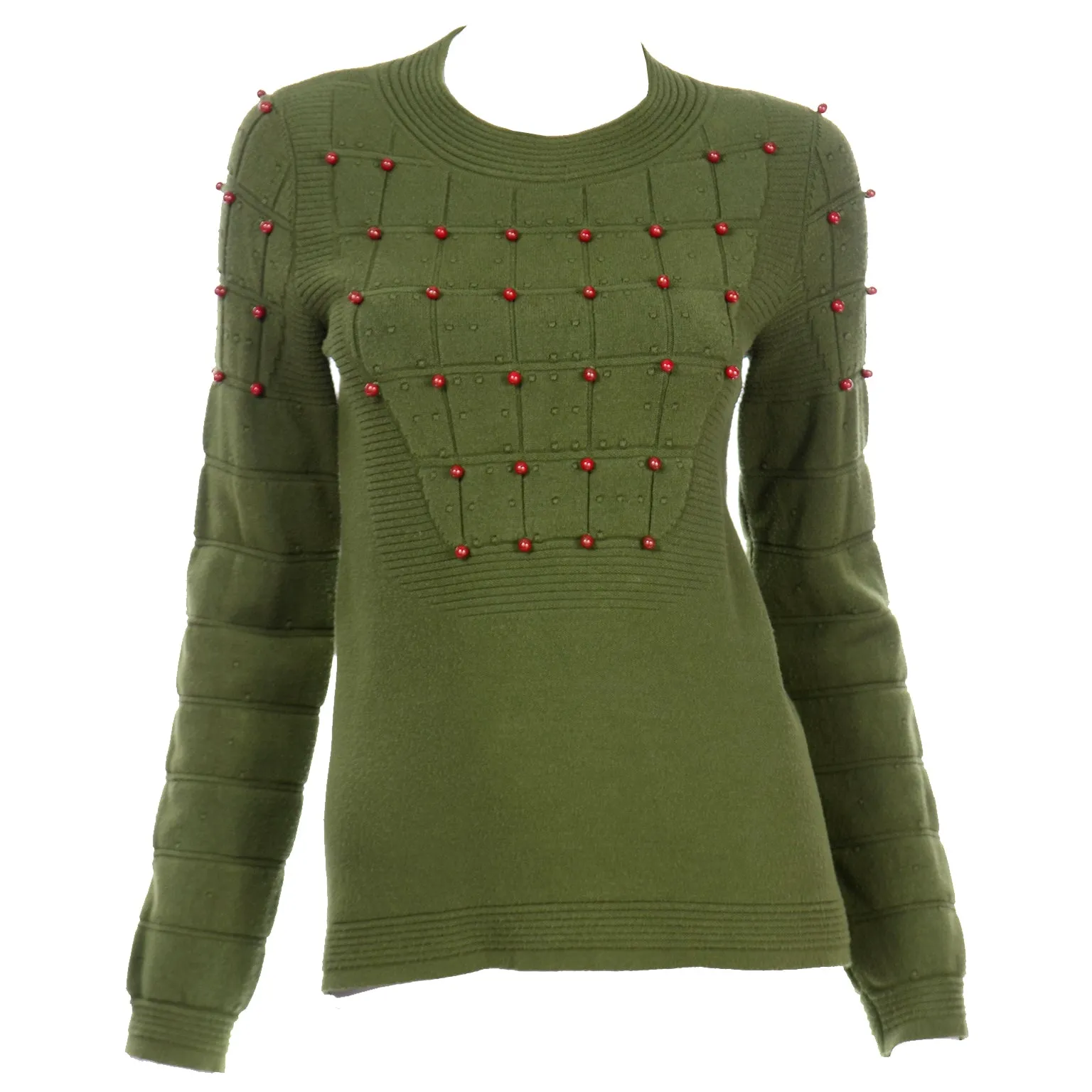 Chanel Green Beaded Cashmere Blend Crew Neck Pullover Sweater