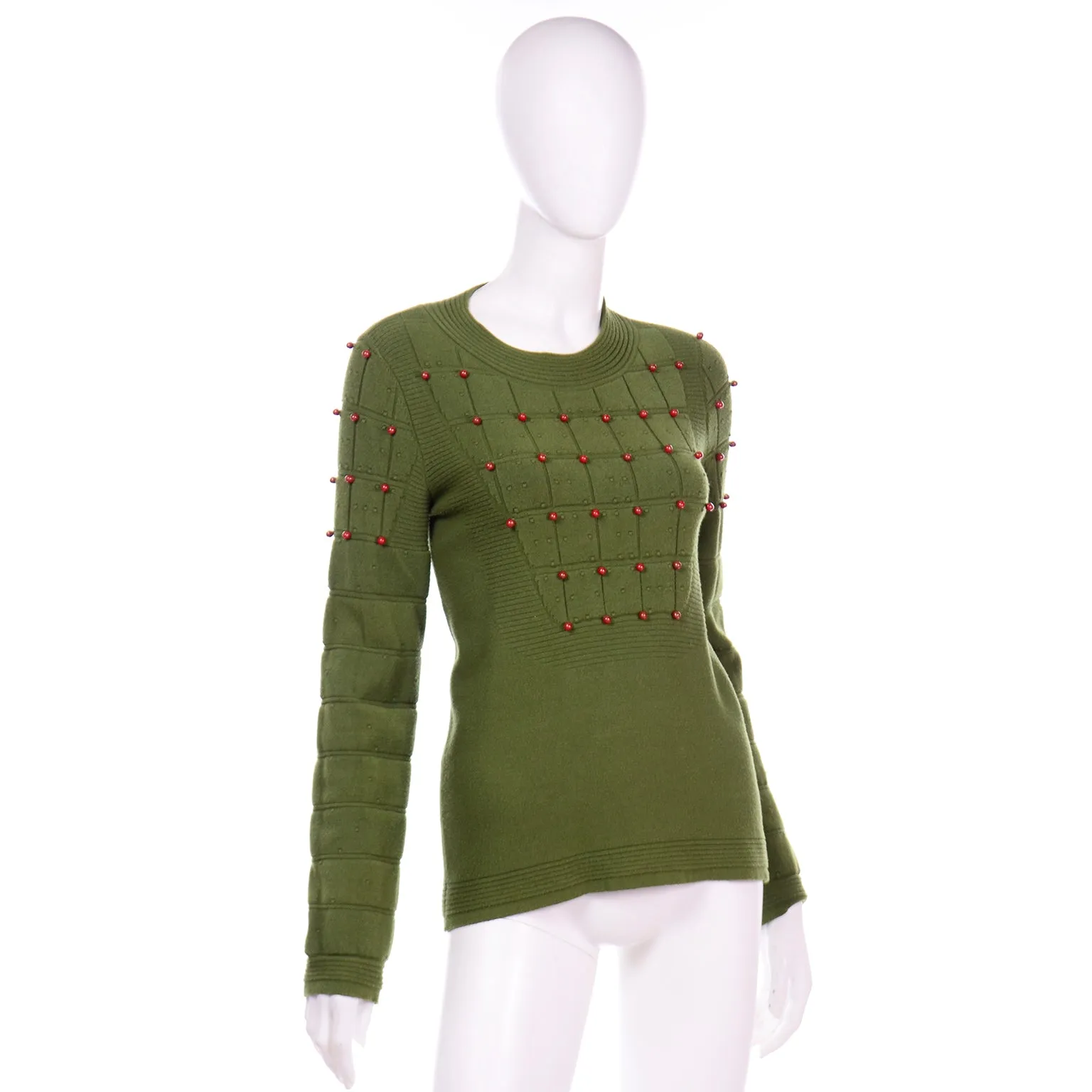 Chanel Green Beaded Cashmere Blend Crew Neck Pullover Sweater