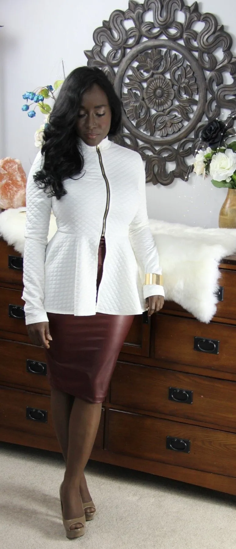 Checker Quilted Peplum Blazer (Ivory)