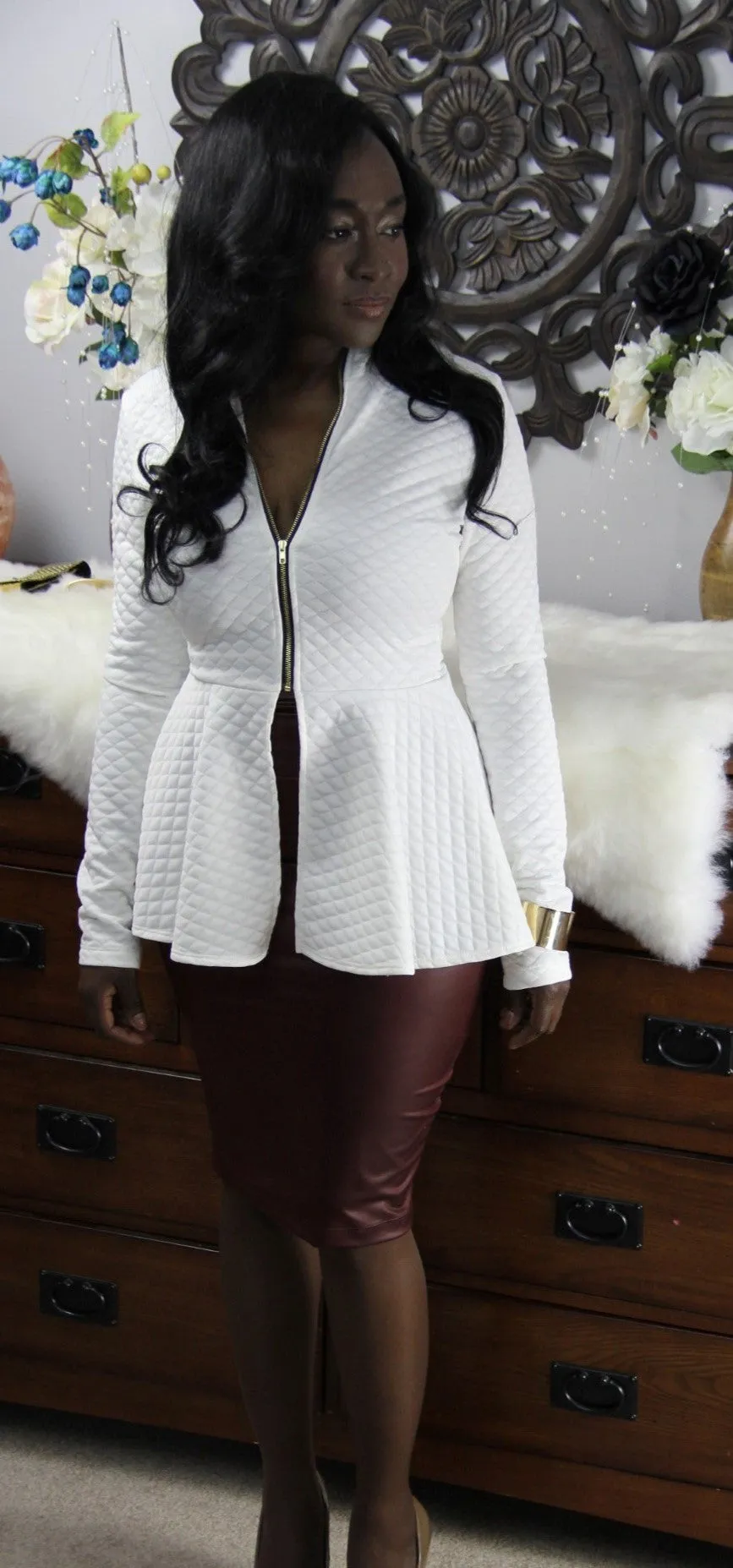 Checker Quilted Peplum Blazer (Ivory)