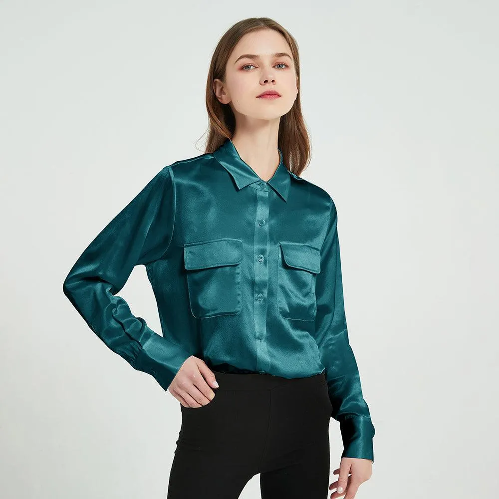 Classic 22 Momme Silk Shirts For Women Long Sleeves Silk Top With Two Patch Pockets