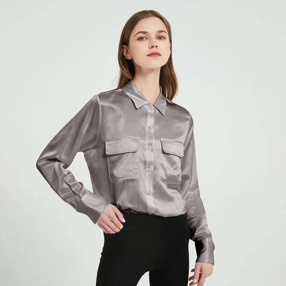 Classic 22 Momme Silk Shirts For Women Long Sleeves Silk Top With Two Patch Pockets