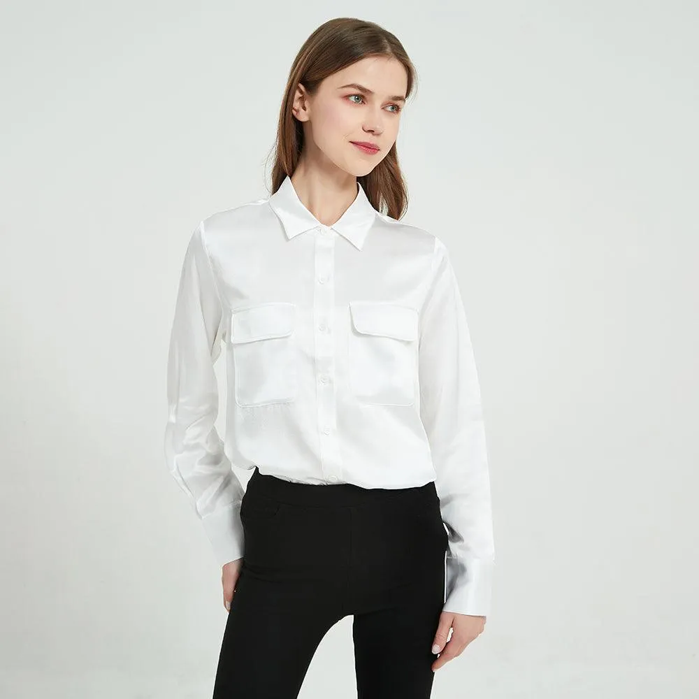 Classic 22 Momme Silk Shirts For Women Long Sleeves Silk Top With Two Patch Pockets