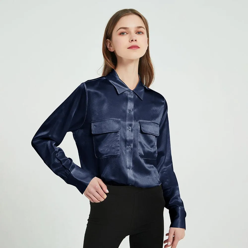 Classic 22 Momme Silk Shirts For Women Long Sleeves Silk Top With Two Patch Pockets