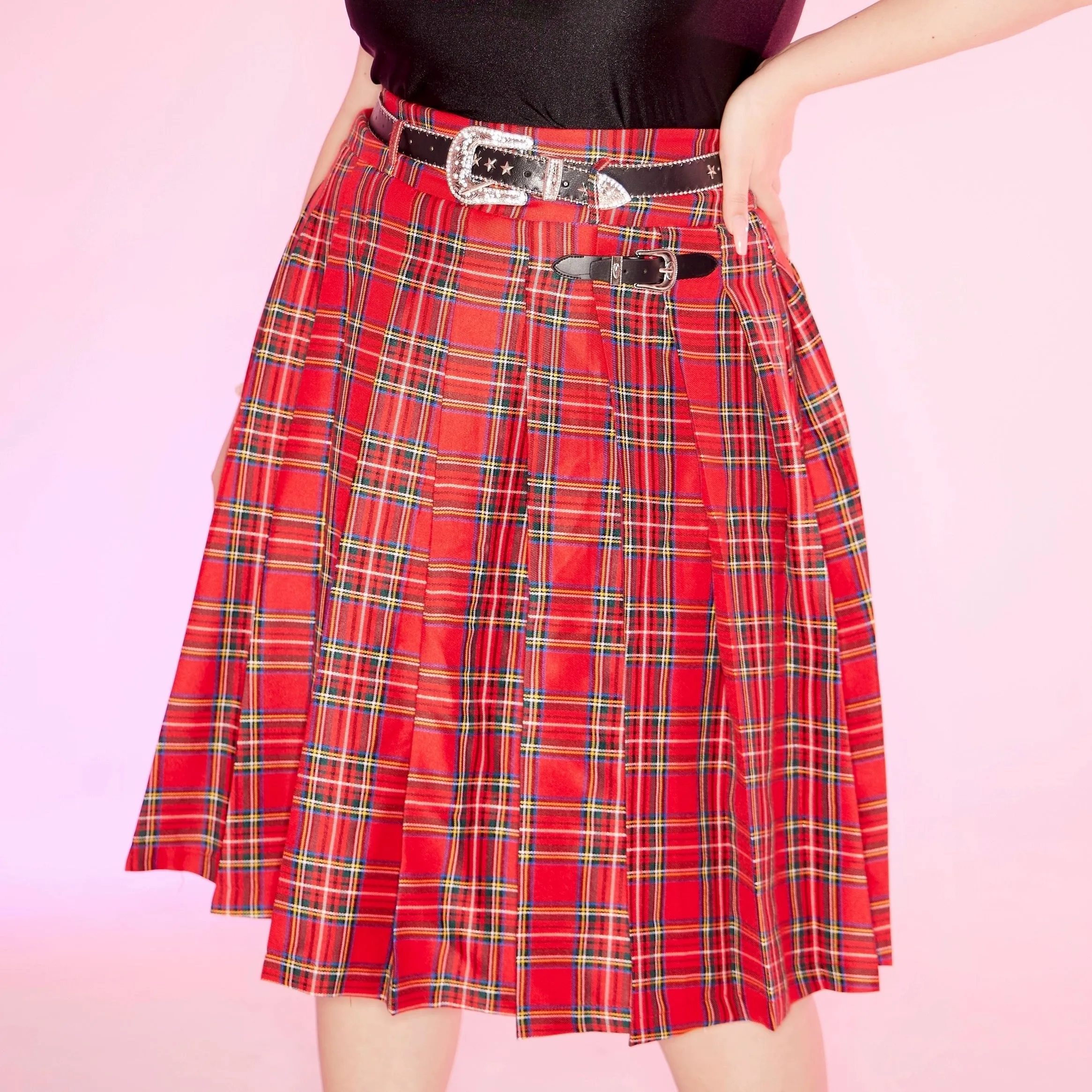 [Curve Beauty] Red Punk Plaid Skirt