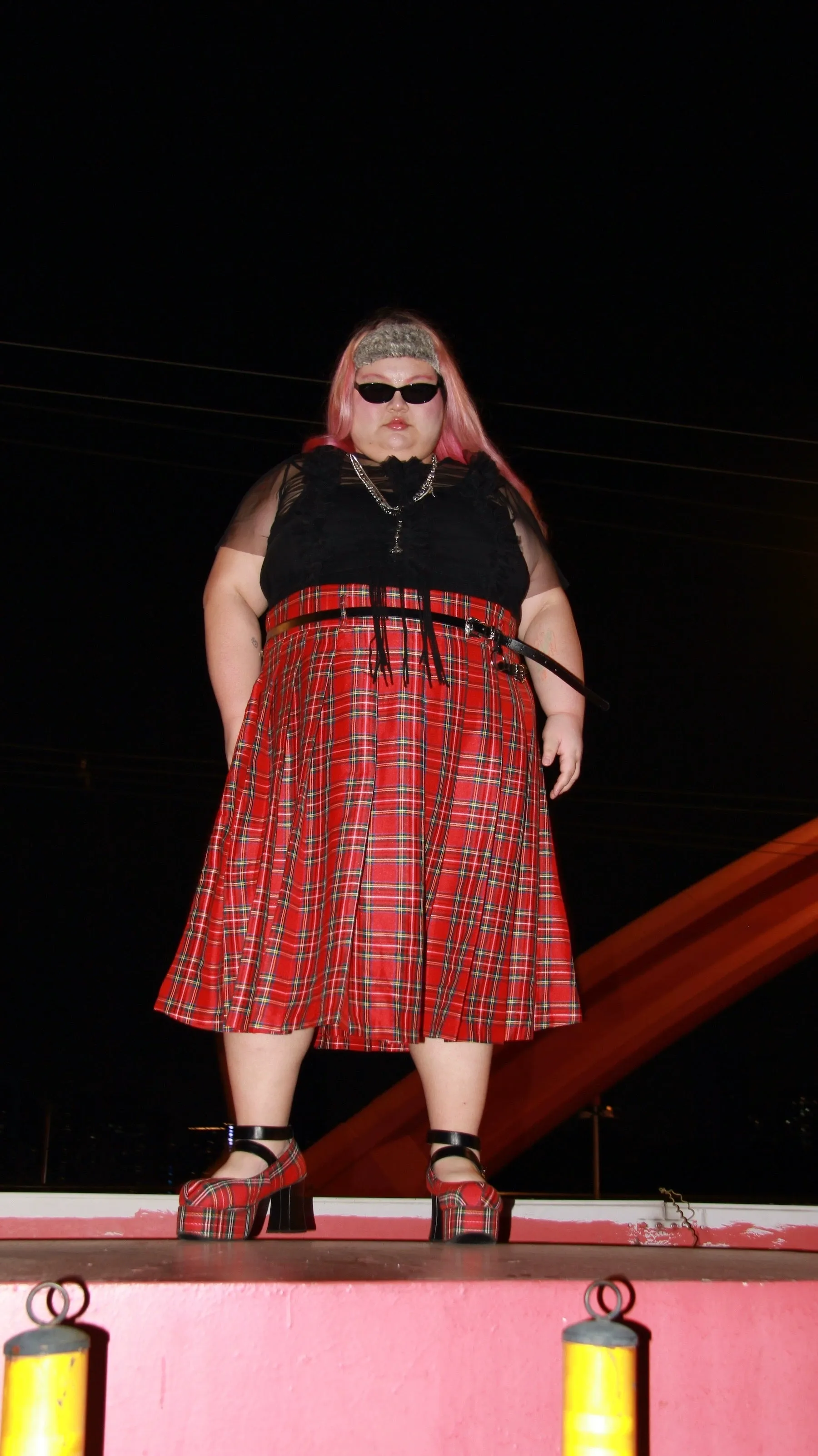 [Curve Beauty] Red Punk Plaid Skirt