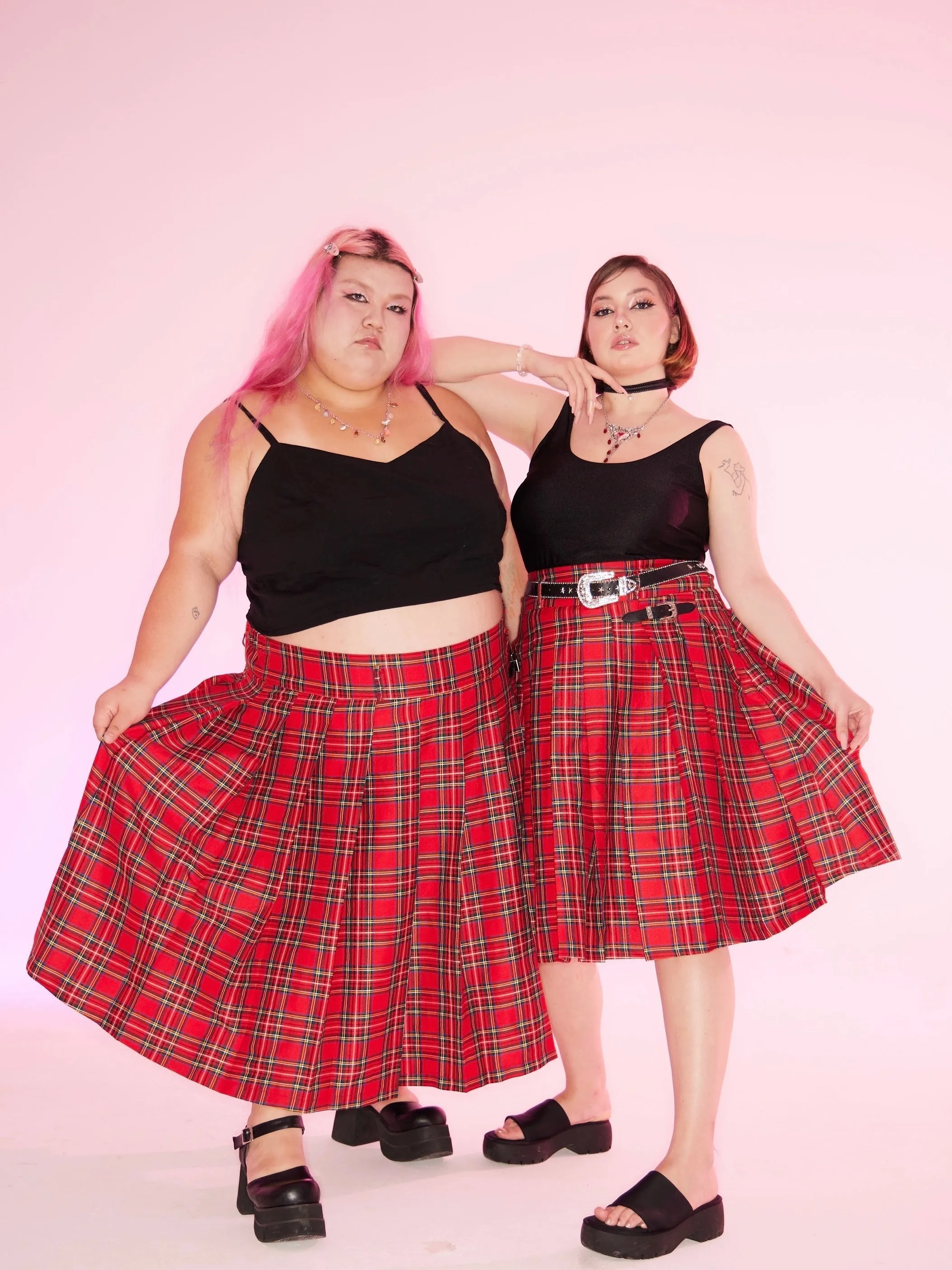 [Curve Beauty] Red Punk Plaid Skirt