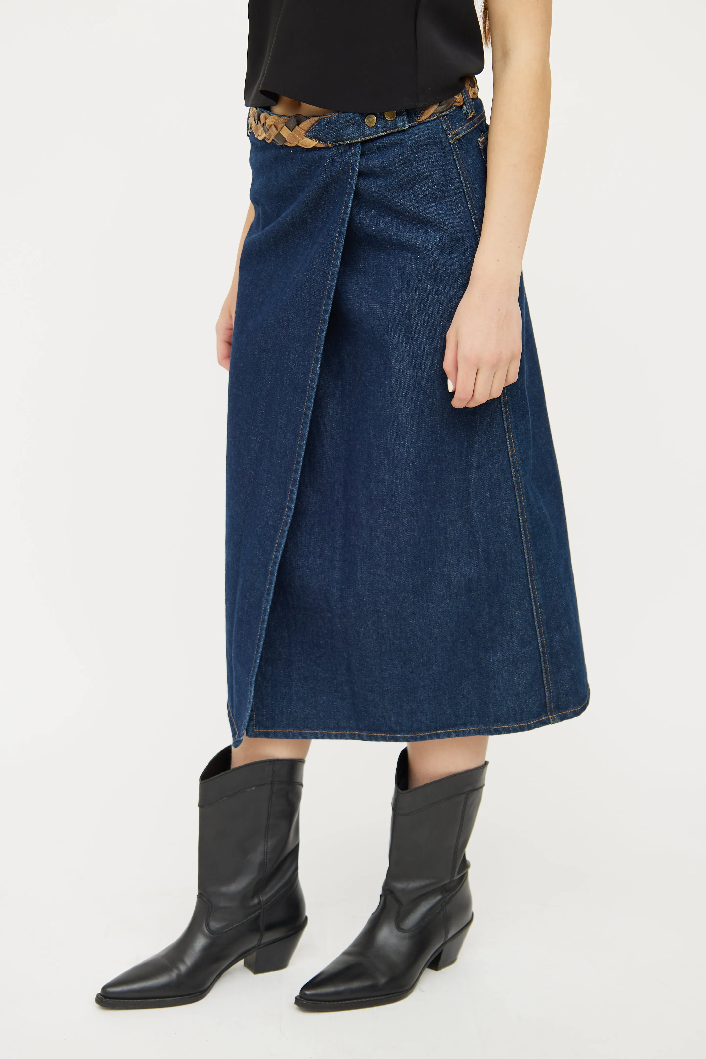 Dark Wash Slit Denim Midi Skirt