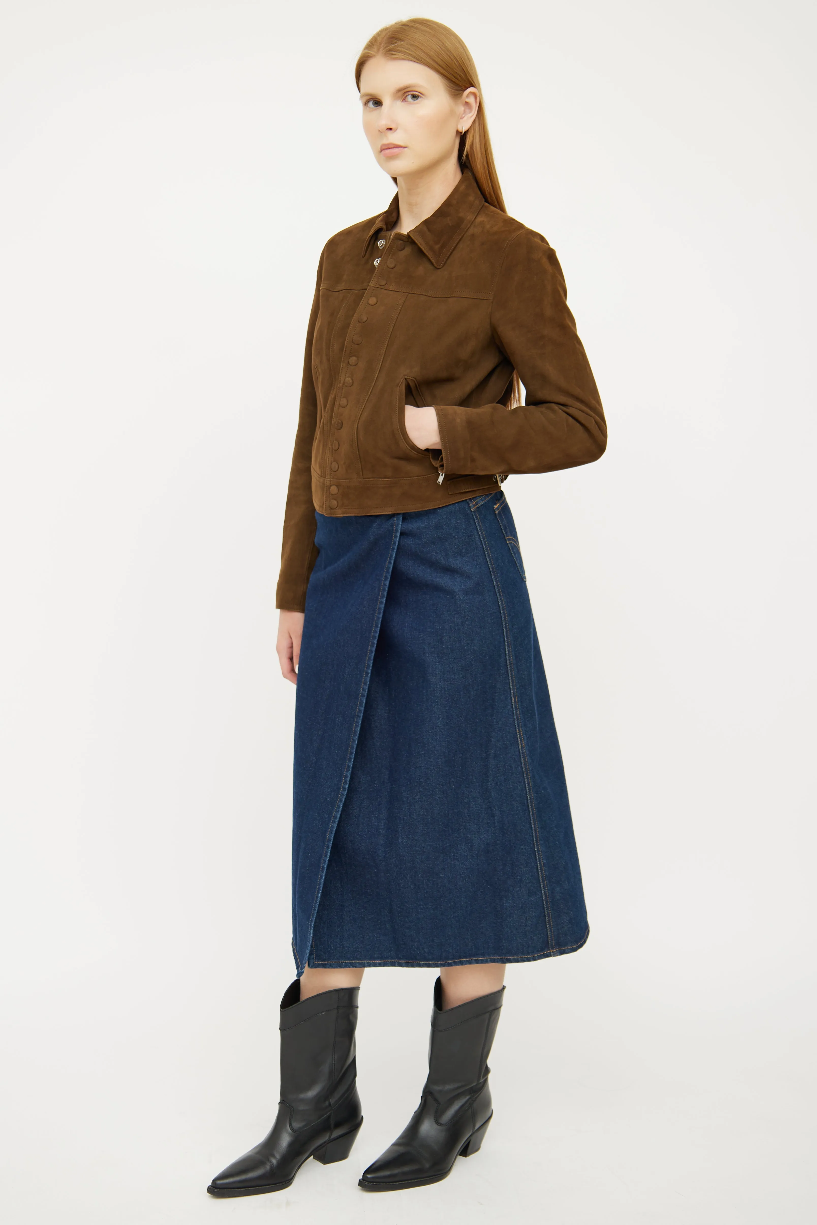 Dark Wash Slit Denim Midi Skirt