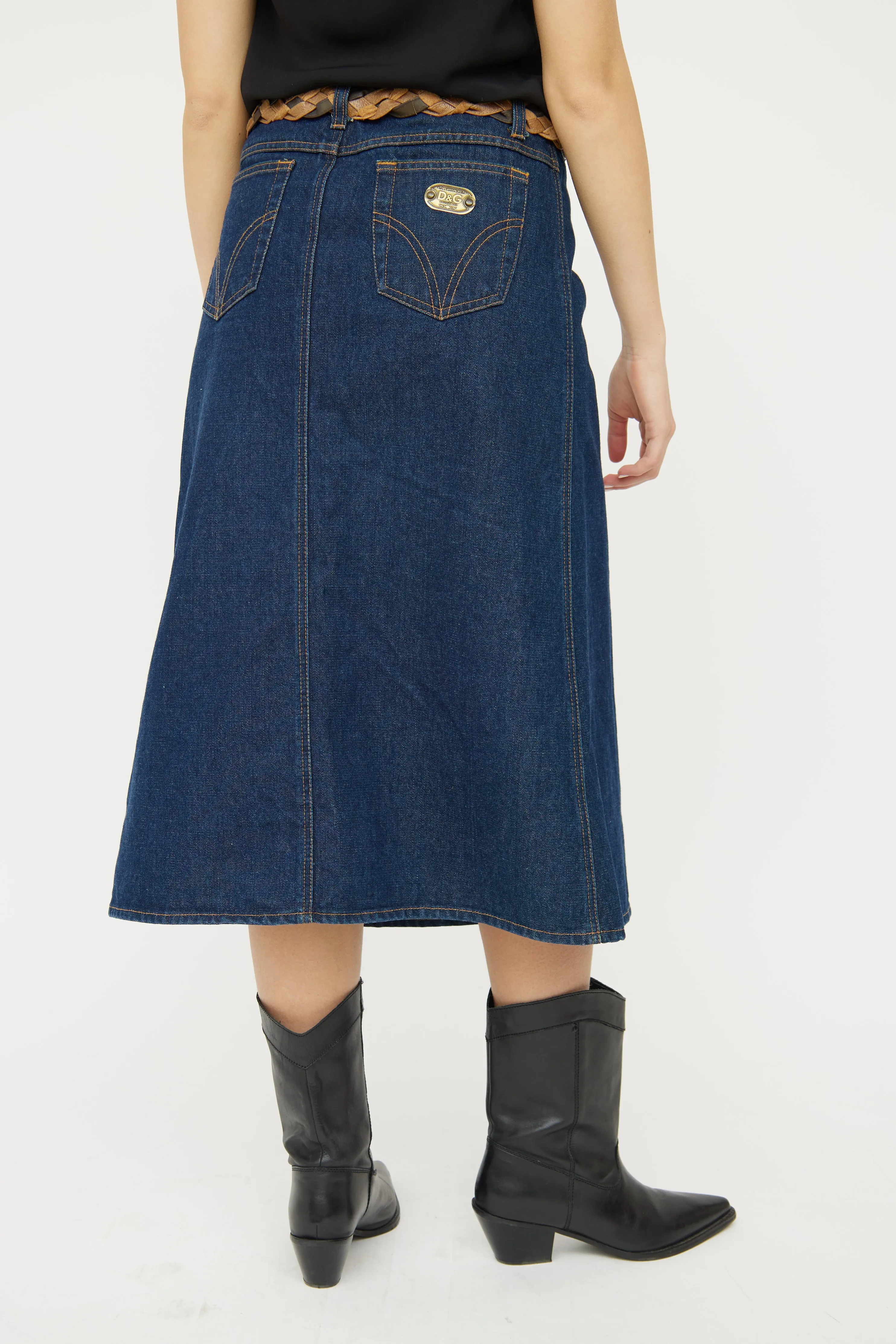 Dark Wash Slit Denim Midi Skirt