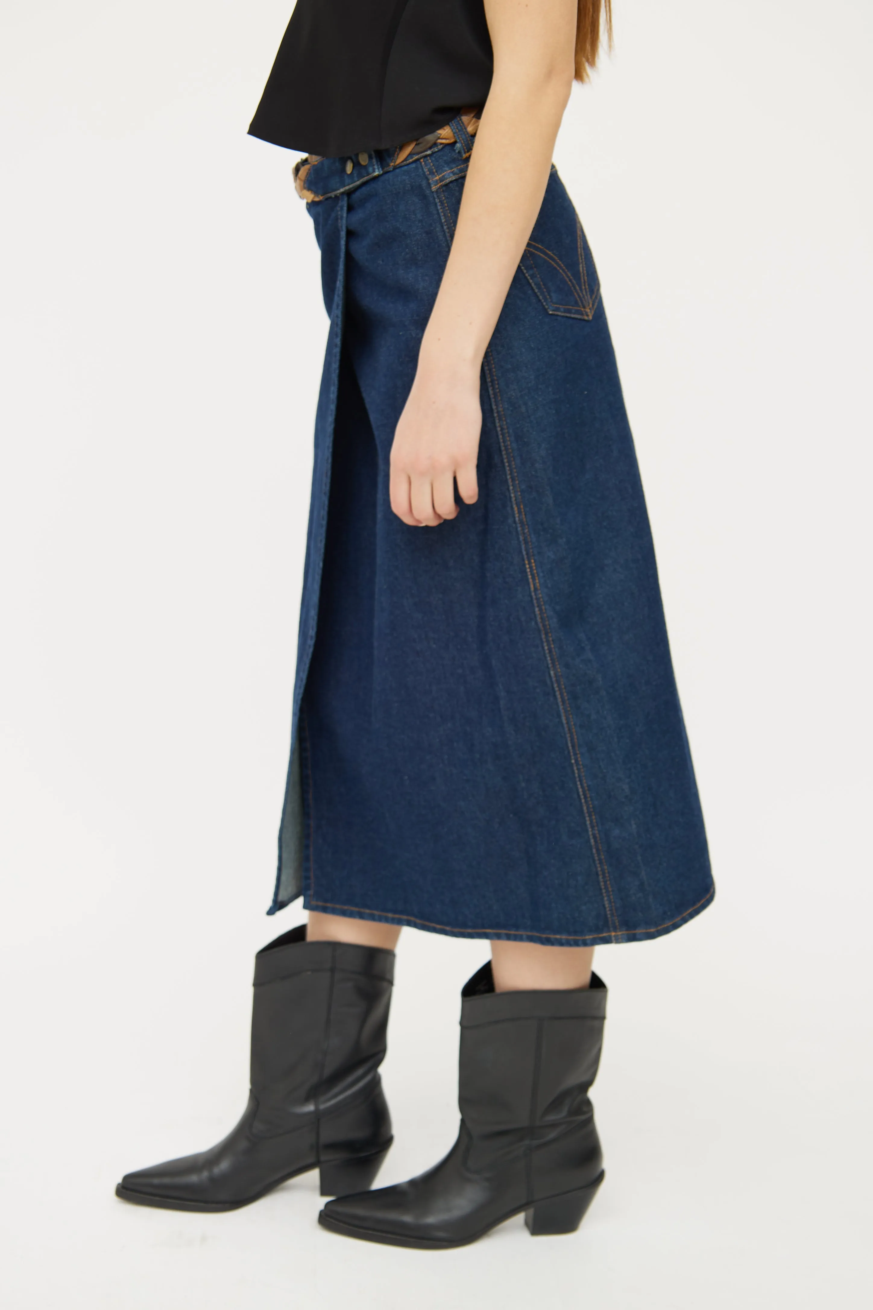 Dark Wash Slit Denim Midi Skirt