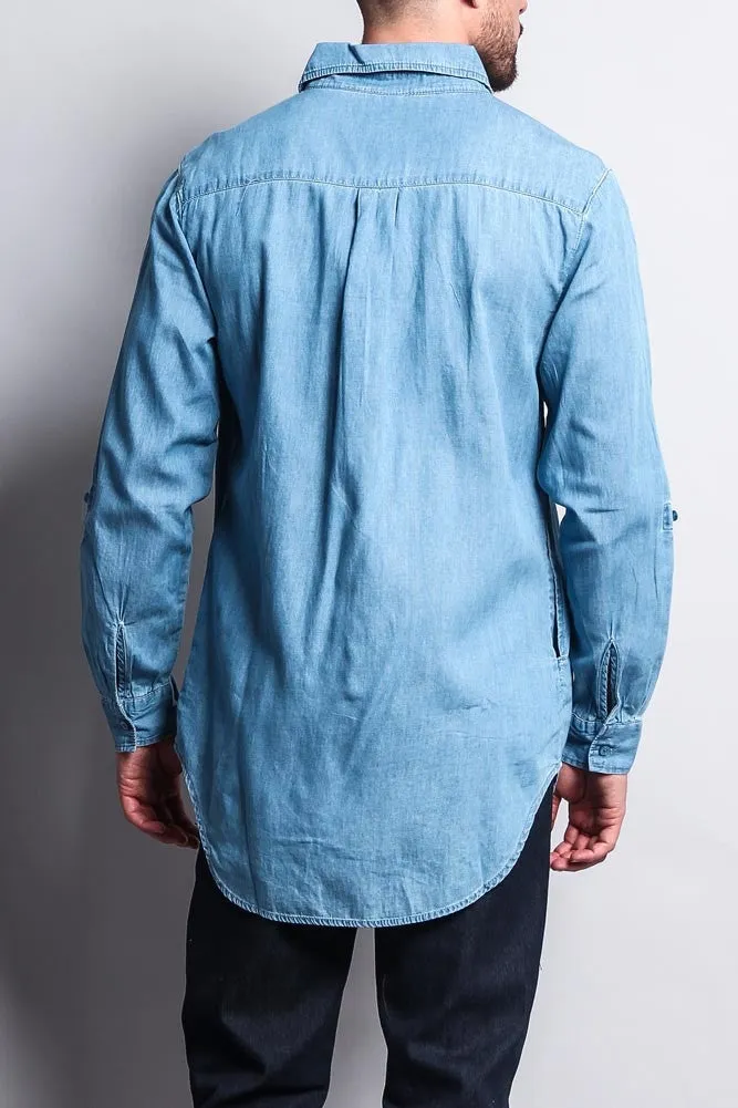 Extended Length Denim Button Up Shirt