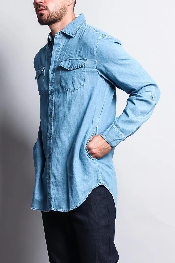 Extended Length Denim Button Up Shirt