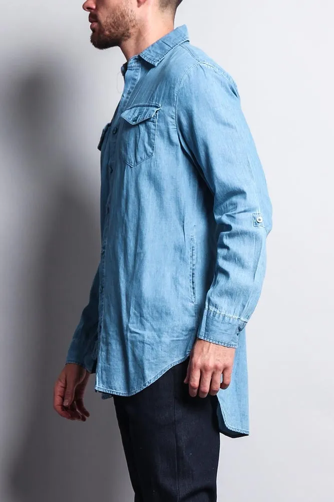 Extended Length Denim Button Up Shirt