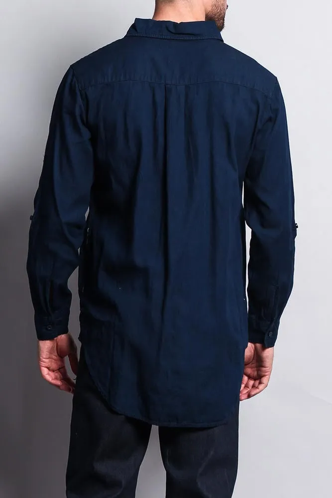 Extended Length Denim Button Up Shirt