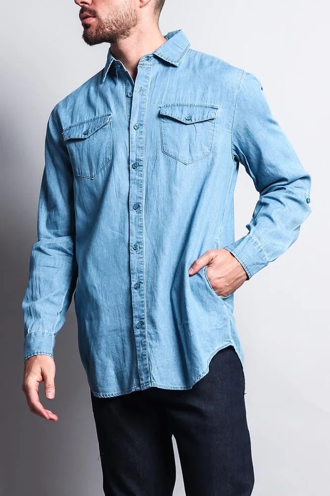 Extended Length Denim Button Up Shirt