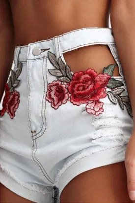 Floral Embroidered Hollow-out Denim Shorts