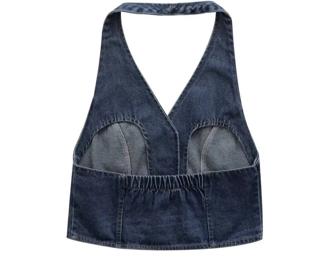 French Halter Slim Short Denim Vest Top