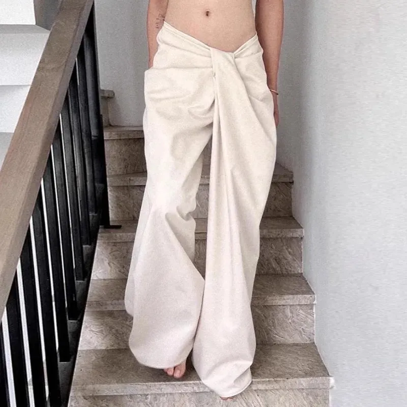 Girlary Simple And Plain Wide Leg Pants For Women With A Casual And Loose Design. Irregular Twisted Waist And Slim Waist Pants