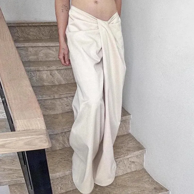 Girlary Simple And Plain Wide Leg Pants For Women With A Casual And Loose Design. Irregular Twisted Waist And Slim Waist Pants