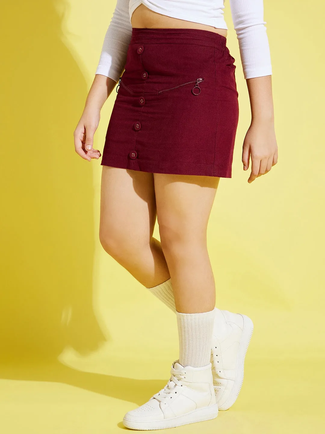 Girls Burgundy Corduroy Side Zipper Mini Skirt