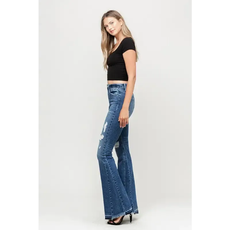 High Rise Distressed Released Hem Flare Jeans