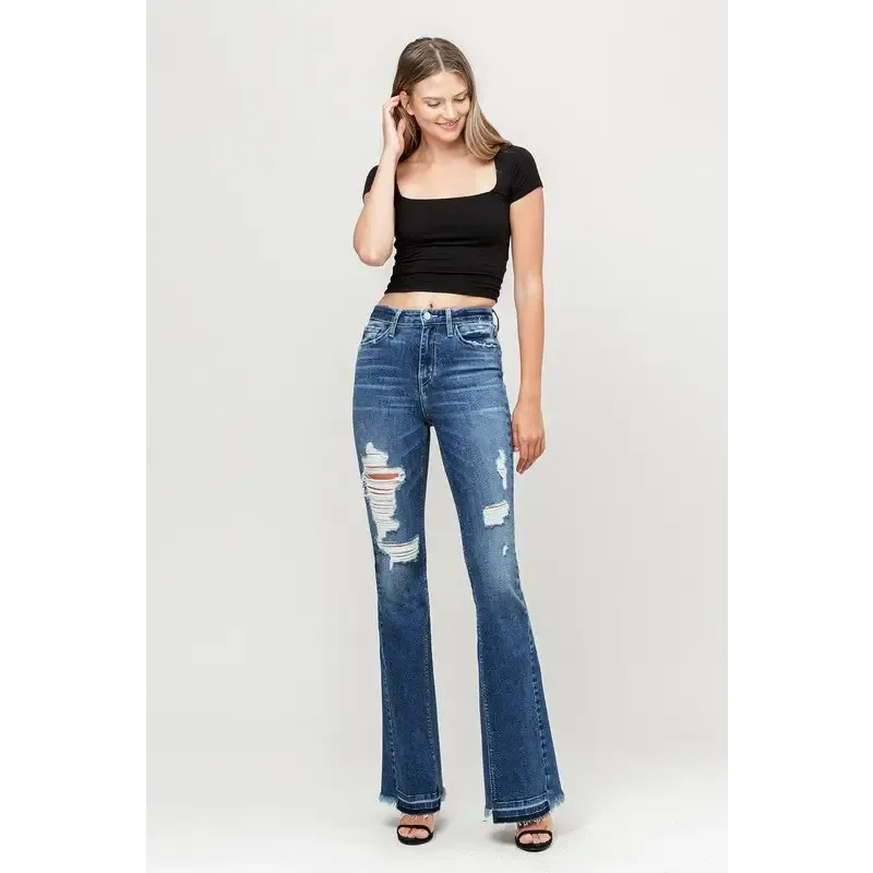 High Rise Distressed Released Hem Flare Jeans