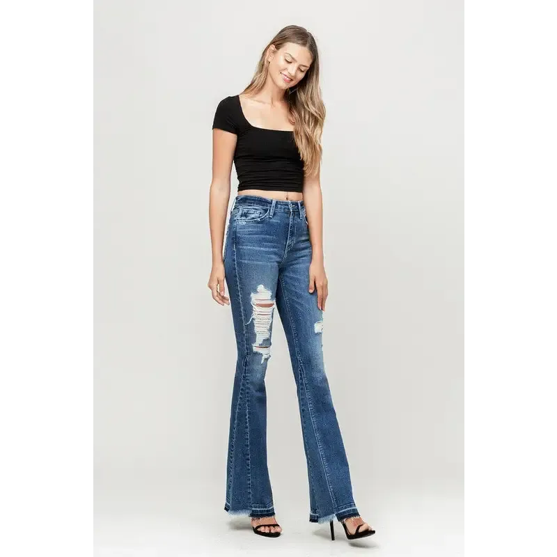 High Rise Distressed Released Hem Flare Jeans